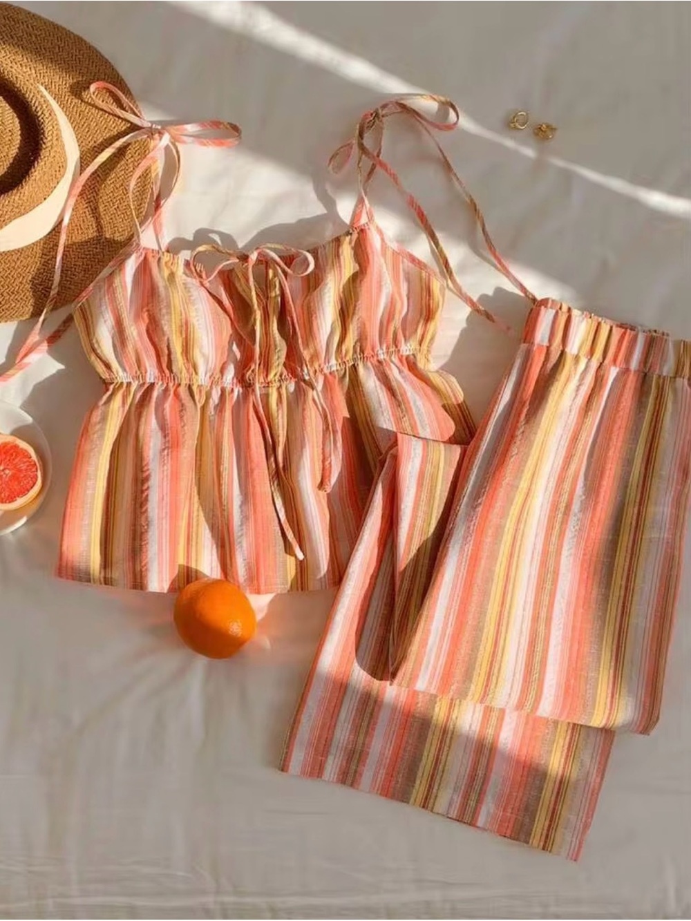 Color-block Striped Wide Leg Pants Set